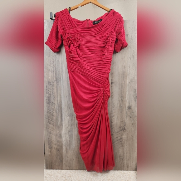 Tadashi Shoji Ruched Draped Pintuck Mesh Asymmetrical Midi Dress in Red XS - Picture 3 of 11